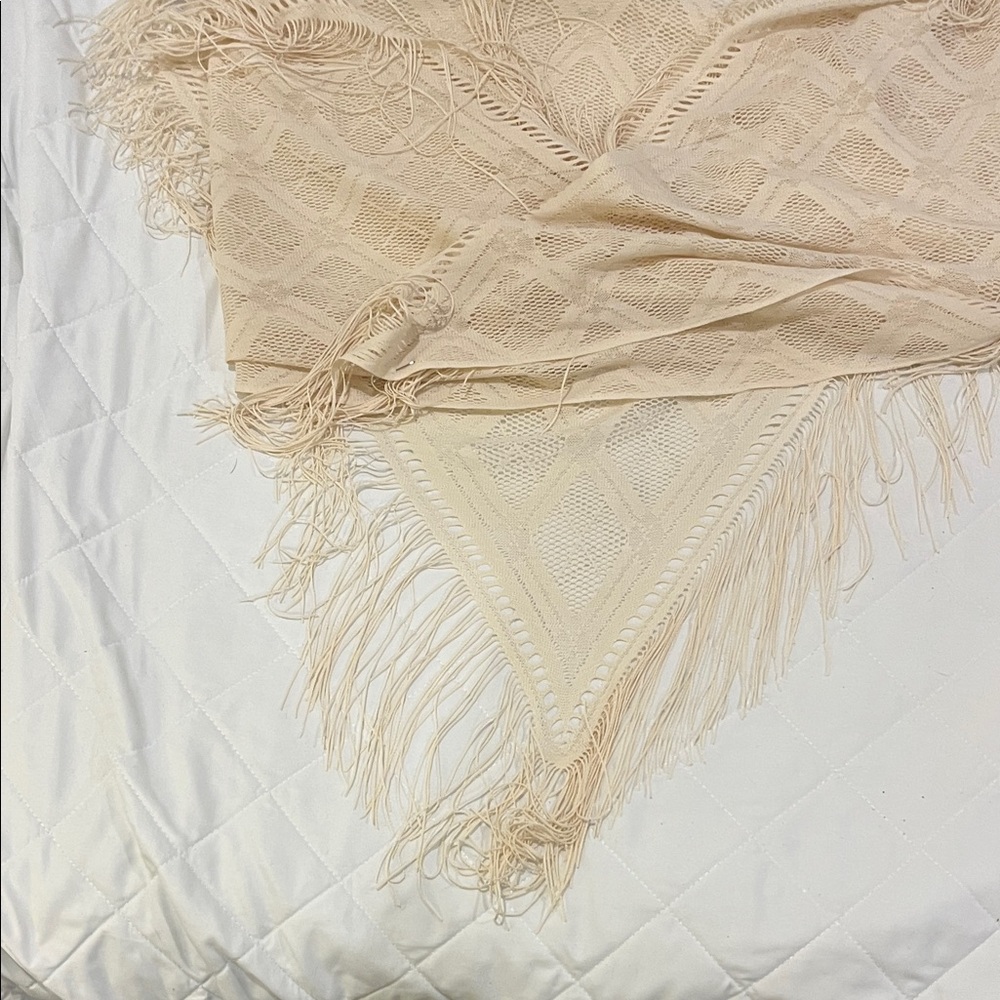Vintage Fringed Cream Shawl Perfect gift for a friend or teacher exquisite artsy